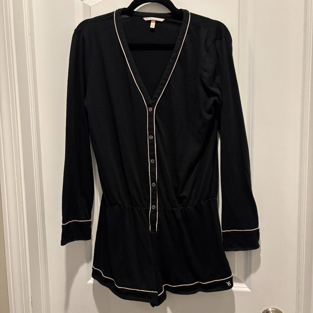Victoria's Secret | Black Pajama Romper with White Piping